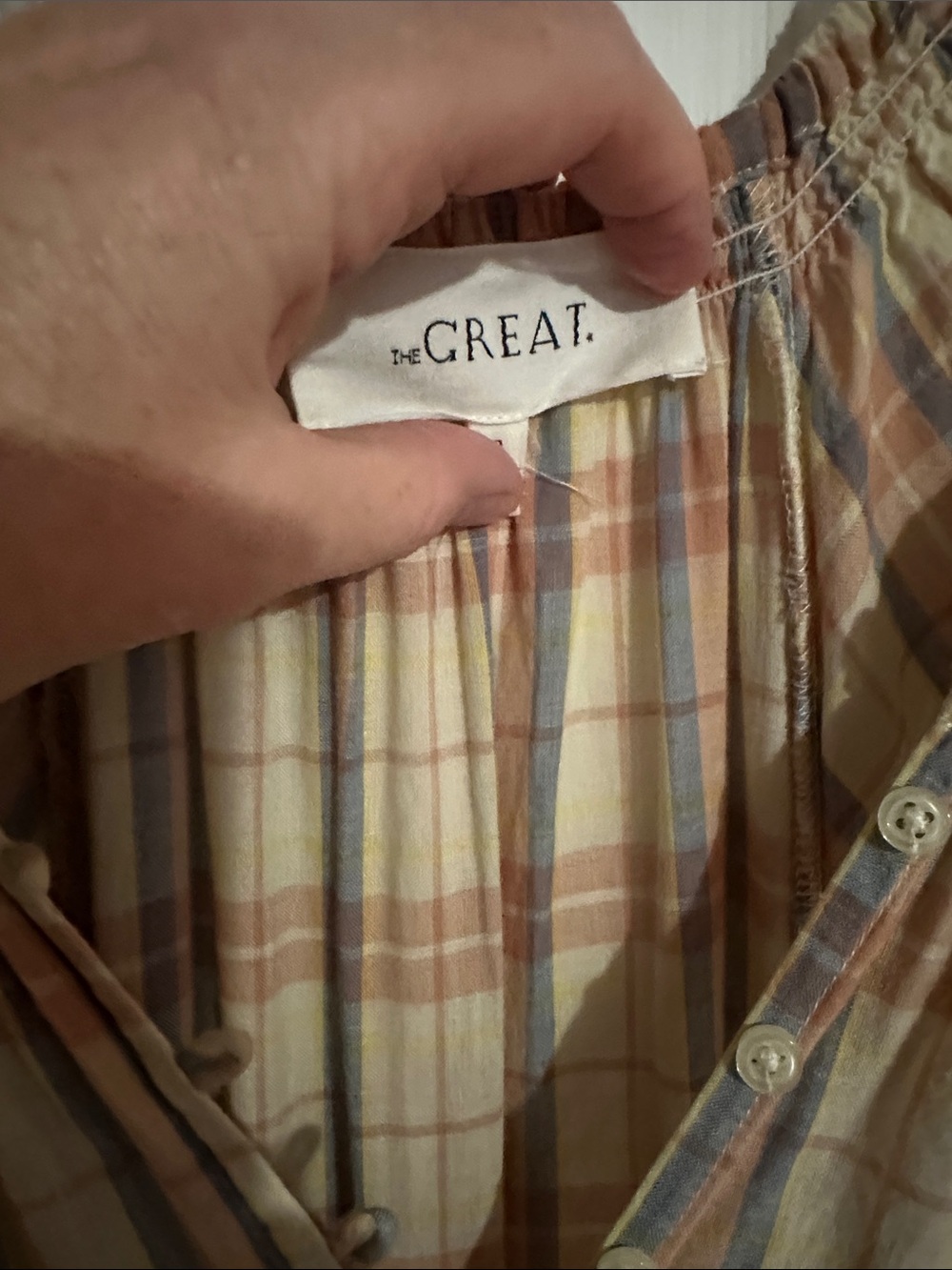 THE GREAT. Plaid Tiered Maxi Dress in Beige and Rust - Picture 5 of 9